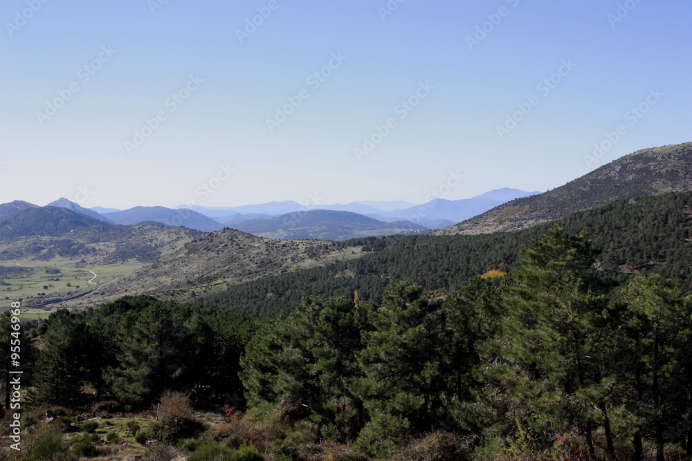 Fototapeta premium Zarzalejo, Madrid. Vistas de paisaje y árboles en Otoño