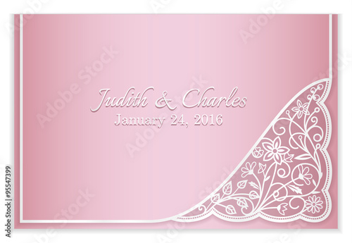 Pink wedding announcement with silver floral lace