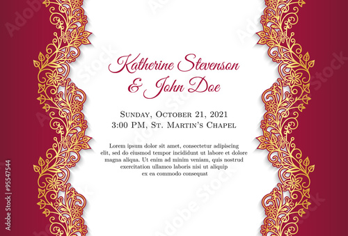 Classical wedding invitation with golden ornament and red border