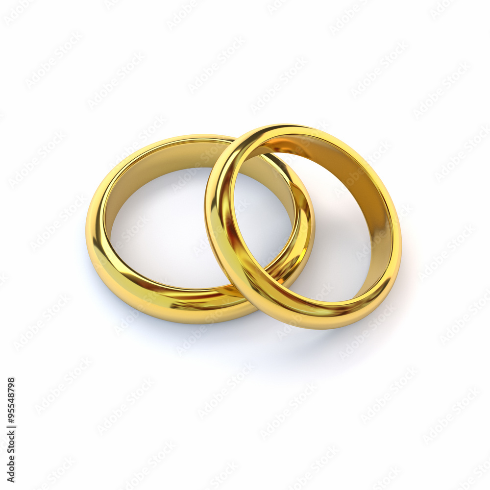Two gold wedding bands on white background. 3d render. Two gold wedding bands on white background. 3d render.