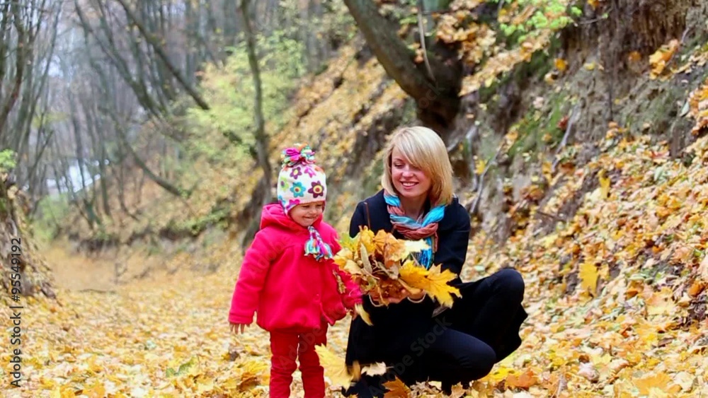 Mom and child playing autumn leaves in beautiful wood on fall day. Happy people enjoying nature. Mom and child playing autumn leaves in beautiful wood on fall day. Happy people enjoying nature.