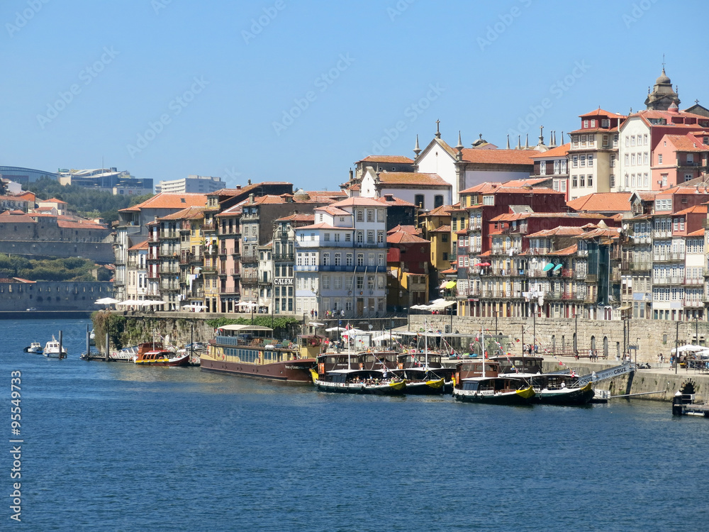 Ribeira District and boats on Douro River in Porto, Portugal