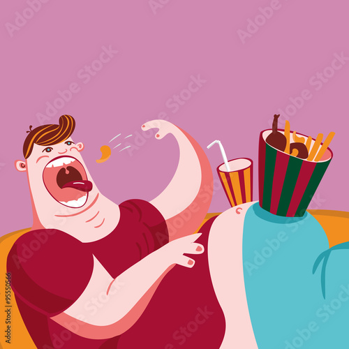 Couch potato eating snacks. Cartoon character.