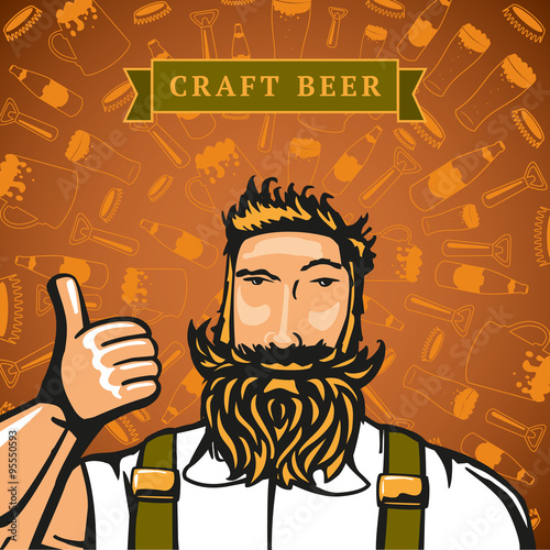 Bearded barmen on the backgrounds with beers elements.
