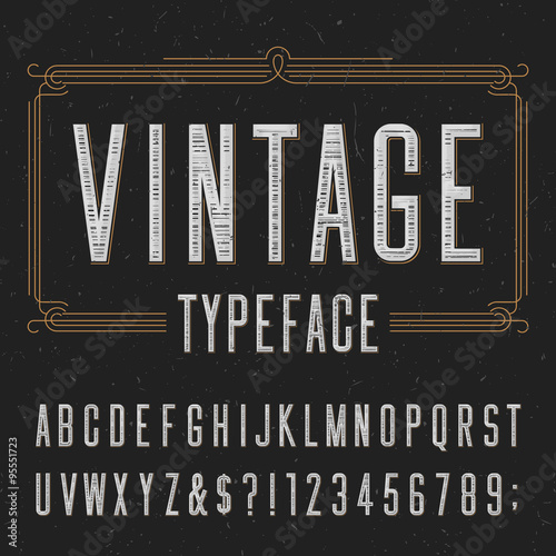 Vintage typeface with scratched overlay texture. Type letters, numbers and symbols on a dark background. Alphabet vector font for labels, headlines, posters etc.