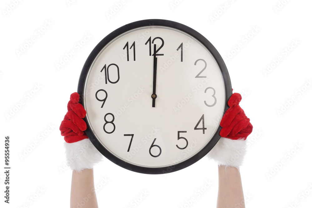 main femme avec gant de Noël tenant horloge minuit Stock Photo | Adobe Stock