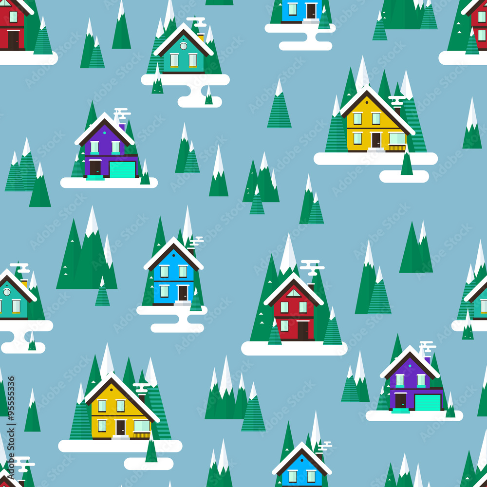 Vector winter landscape. Flat design. Seamless pattern with buildings, trees and snow.