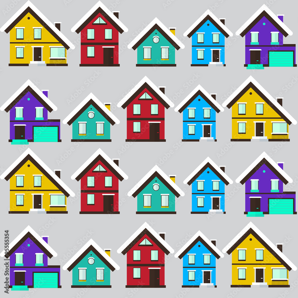 Vector winter landscape. Flat design. Seamless pattern with house