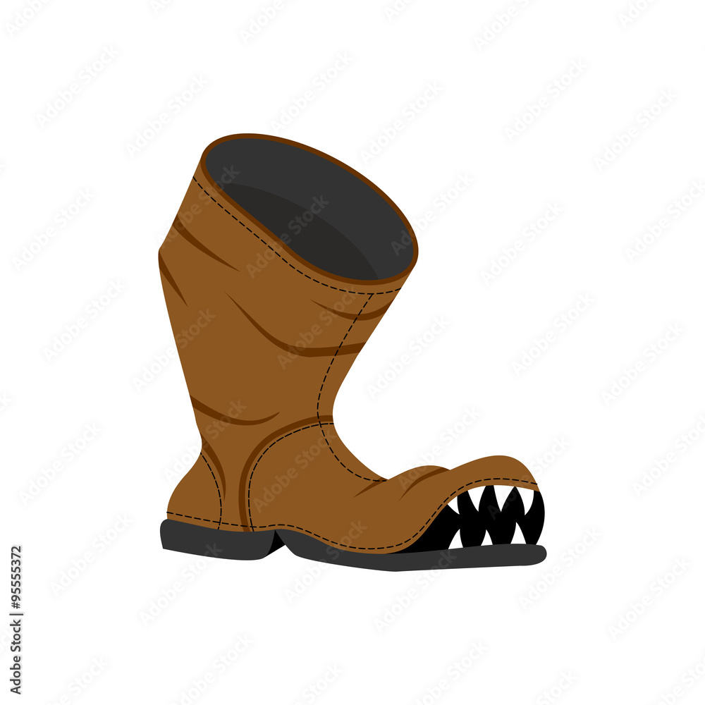 Broken shoes. Monster Old boots with teeth. Hole in boot. Stock Vector