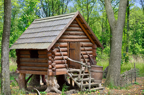 Wooden hut in the forest, house of witch Baba Yaga