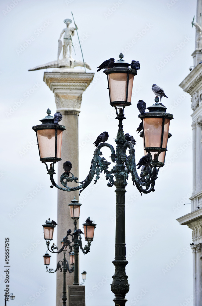 Detail of Venice Lampposts with pigeons