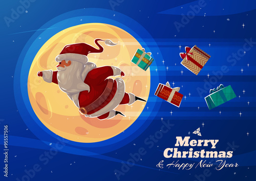 Funny santa. Christmas greeting card background poster. Vector illustration