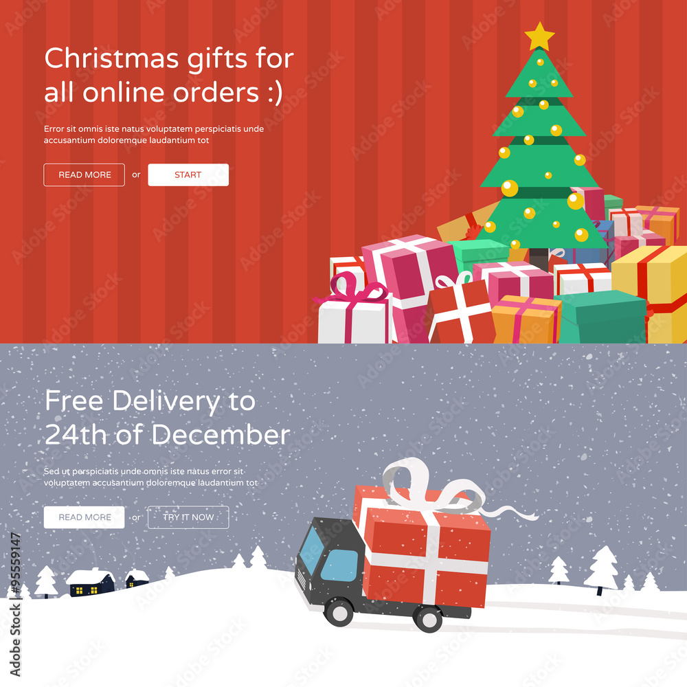 Online shopping website banners  - Christmas tree with christmas gifts & Free delivery service.