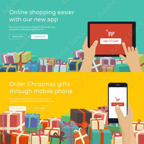 Online shopping website banners - hands holding tablet / phone ordering christmas gifts. Flat design illustration