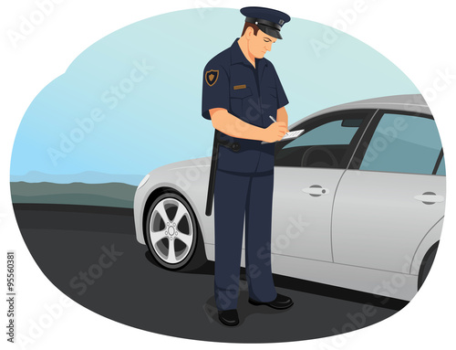 Police officer is writing a speeding ticket. Road traffic safety regulations.