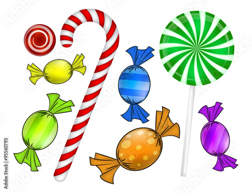 Christmas candy set. Colorful wrapped sweet, lollipop, cane. Vector illustration isolated on a white background.