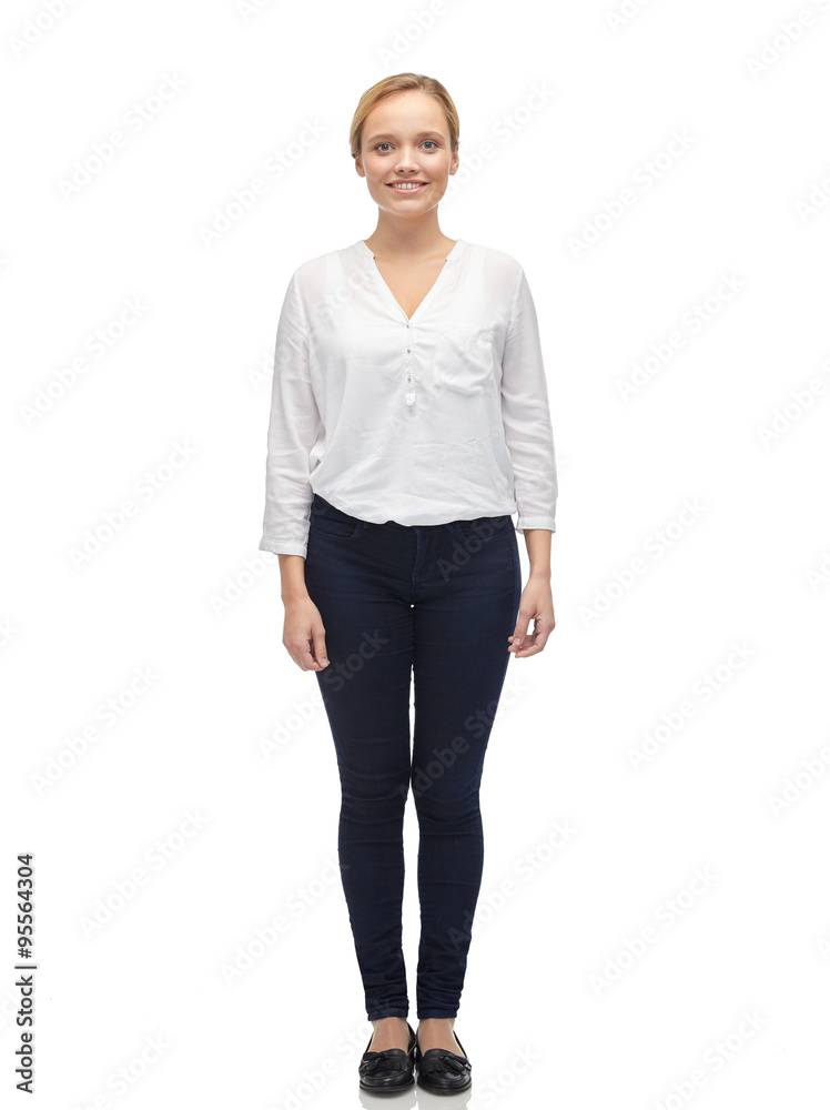 smiling young woman in white shirt and jeans smiling young woman in white shirt and jeans