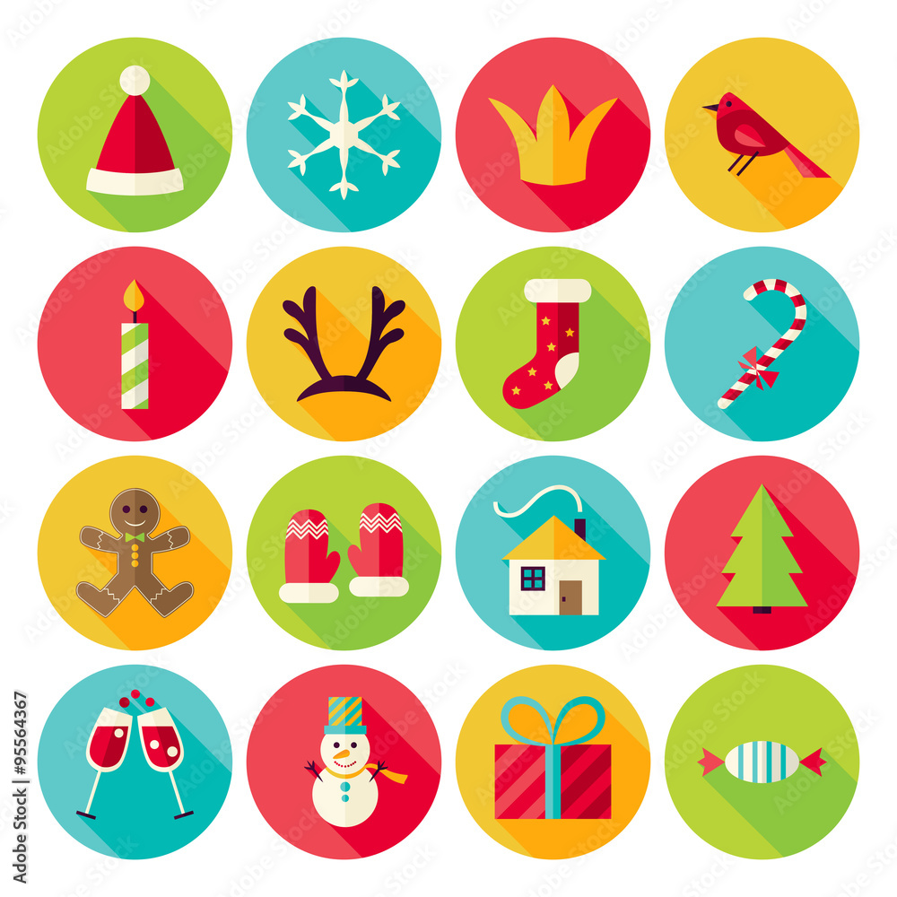 New Year and Merry Christmas Circle Icons Set with long Shadow