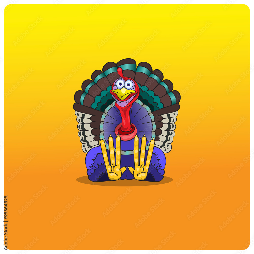 The multi-colored turkey-cock sits and waits for Thanksgiving Day.