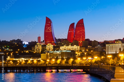 Night view of the Flame Towers. Flame Towers are new skyscrapers in Baku photo