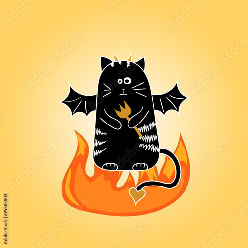 Cartoon devil cat. Doodle vector illustration.