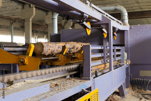 Sawmill. The process of cutting logs into boards photo