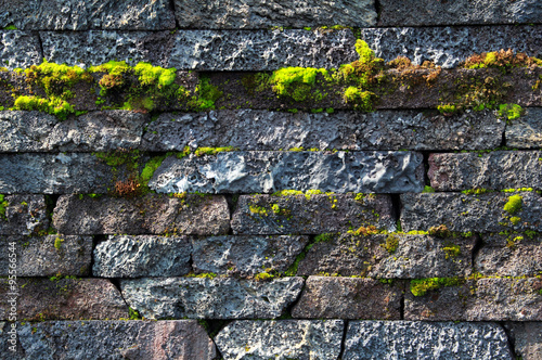  Wall made of natural stones with the growing moss