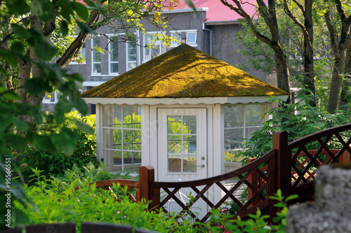 Gazebo with green roof covered with moss. Reykjavik. Iceland.