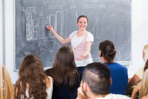 Student gives answer near blackboard
