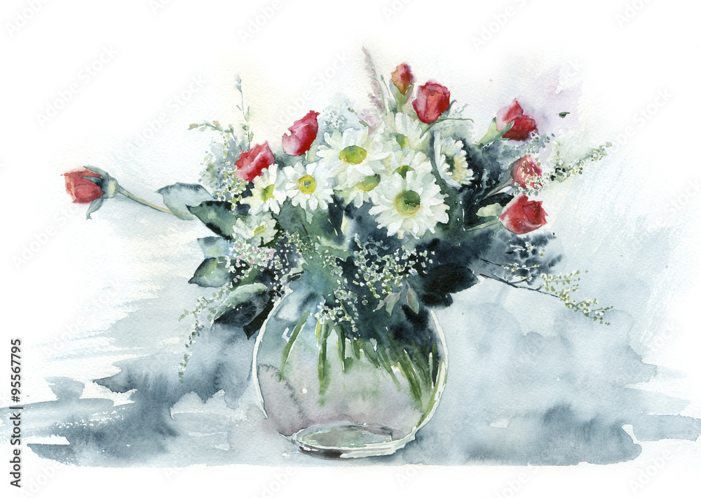Naklejka premium Watercolor bouquet of roses and daisies in a glass vase