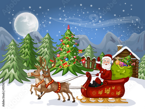 Merry Christmas Card .Illustration of a funny cartoon Santa Claus 