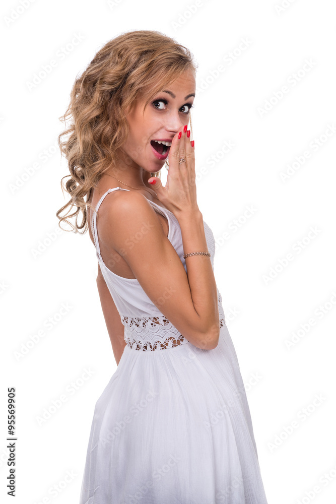 Closeup portrait of surprised young lady isolated on white with copyspace Closeup portrait of surprised young lady isolated on white with copyspace