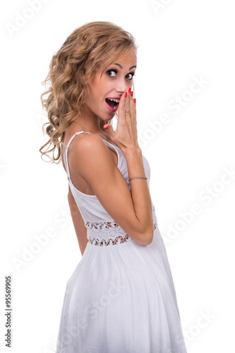 Closeup portrait of surprised young lady isolated on white with copyspace