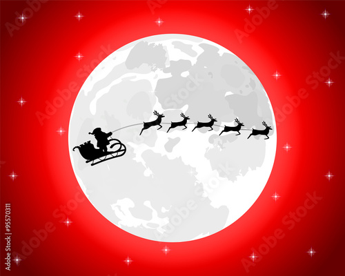 Santa Claus riding on a reindeer on a background of the full moo