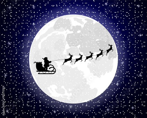 Santa Claus riding on a reindeer on a background of the full moo