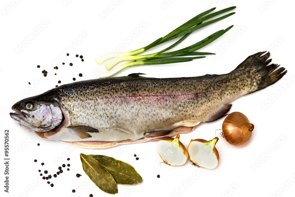 Fresh Salmon trout with bay leaf, black pepper and onion isolated Fresh Salmon trout with bay leaf, black pepper and onion isolated