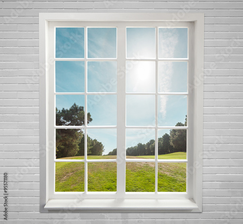 Modern residential window and trees and sky behind