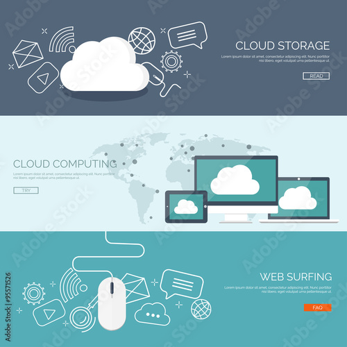 Vector illustration. Flat cloud computing background. Data storage network technology. Multimedia content and web sites hosting. Memory, information transfer