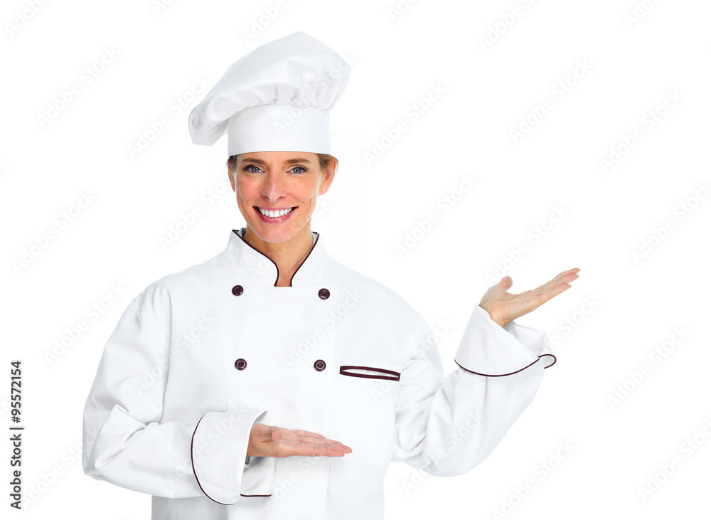 Chef woman presenting copy space. Chef woman presenting copy space.