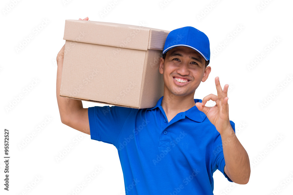 Asian delivery man carrying a parcel box and giving OK sign Asian delivery man carrying a parcel box and giving OK sign