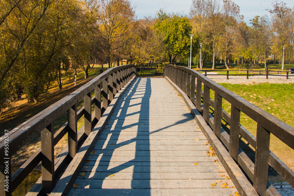     Wooden pedestrian bridge on Bundek lake in Zagreb, Croatia, in autumn 