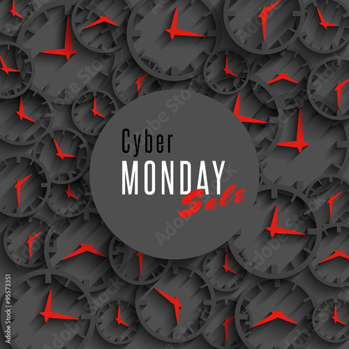 Cyber monday sale banner, mockup special promo poster or flyer, 3d clock and round area for advertising text