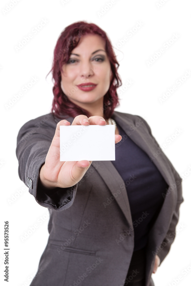 Business woman holding a blank business card. Business woman holding a blank business card.