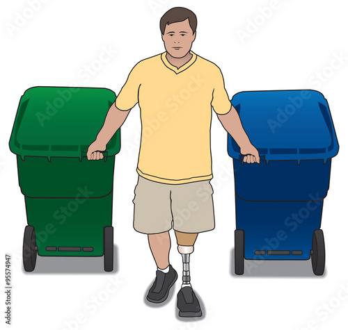 Amputee homeowner pulling trash cans