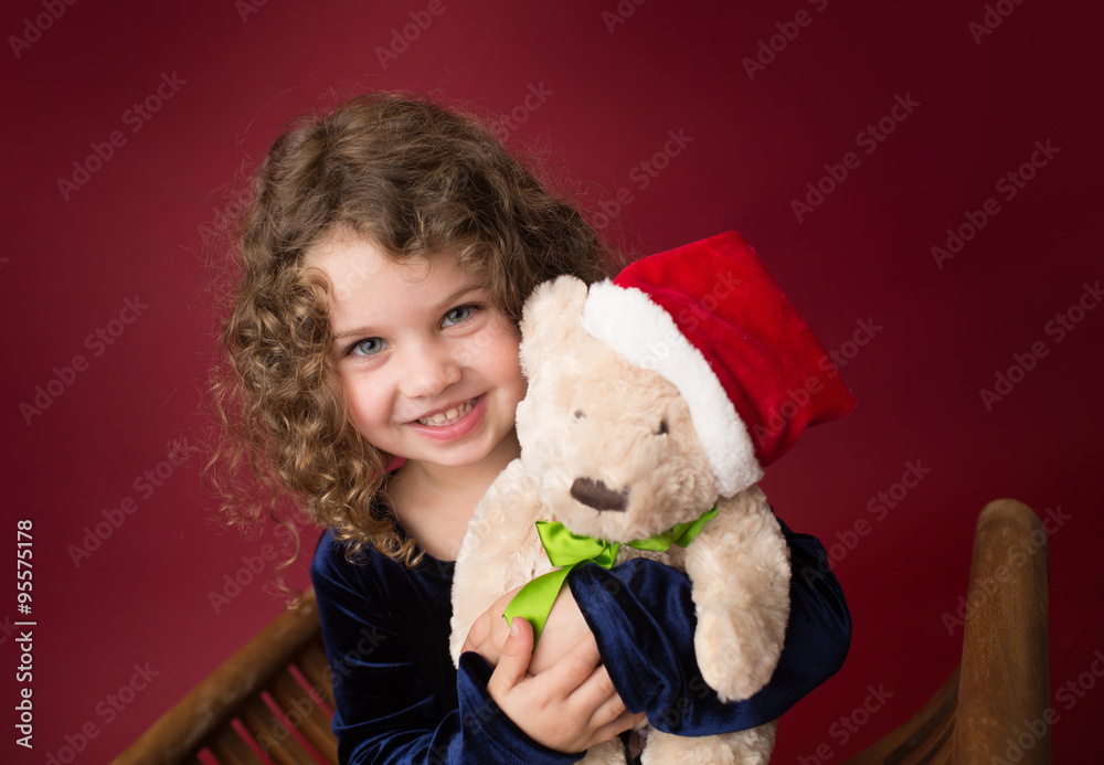 Chirstmas Child with Toy: Red Holiday Winter Background Chirstmas Child with Toy: Red Holiday Winter Background