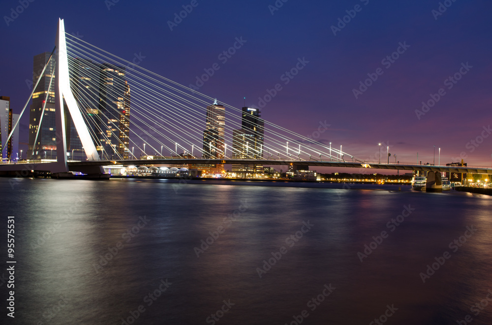 Erasmus Bridge and Rotterdam Skyline at Twilight, Zuid Holland, The Netherlands