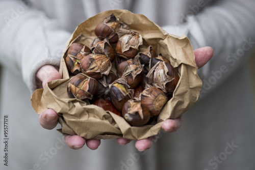 Hands holding bag of roast chestnuts