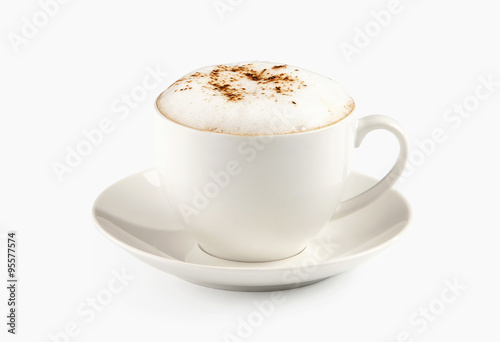 Valokuva A cup of espresso coffee with foam isolated over white