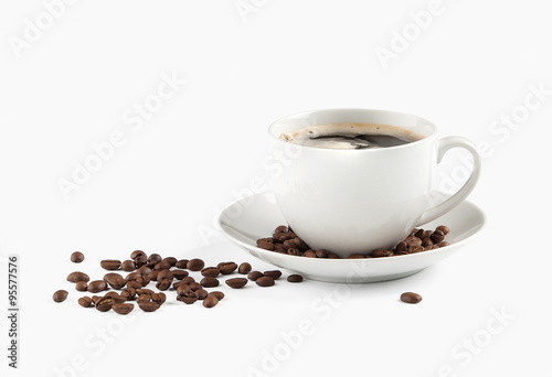 Coffee cup and beans isolated on white background.