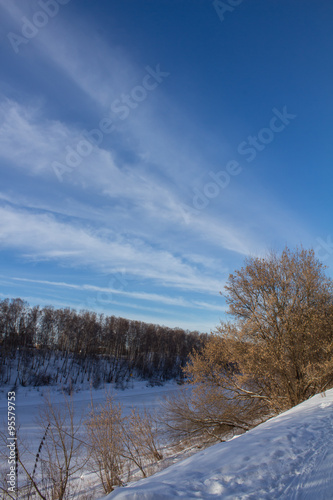 Clouds on the blue sky and winter forest © lunarvogel